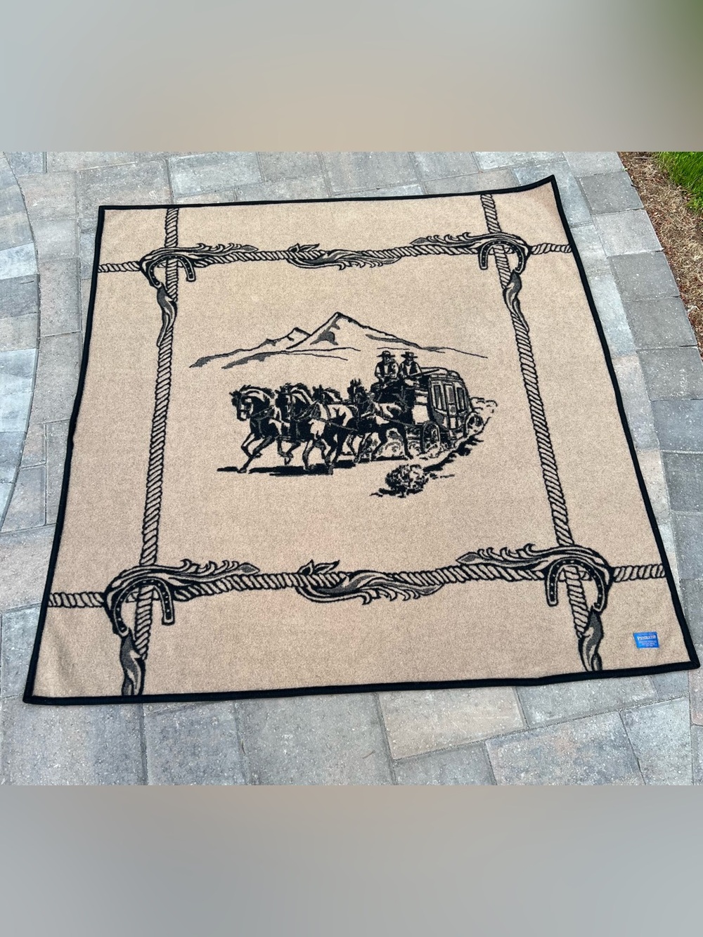 Vintage Pendleton Stagecoach Wool Blanket — Reversible Black & Tan, 60”×60”